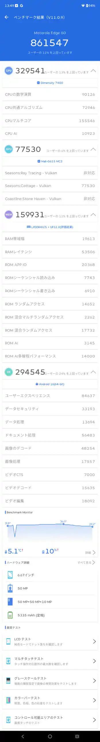 motorola edge 60 ベンチマーク結果スクリーンショット（AnTuTu/Geekbench/3DMark/PCMark）
