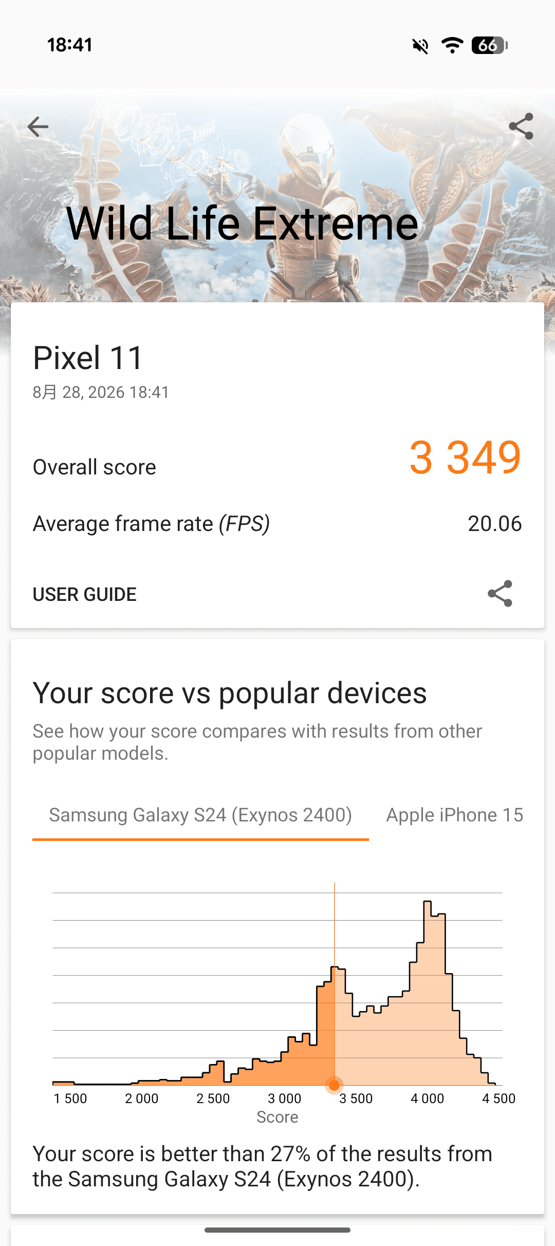 Pixel 11 3DMark Wild Life Extreme 3349 平均20.06fps